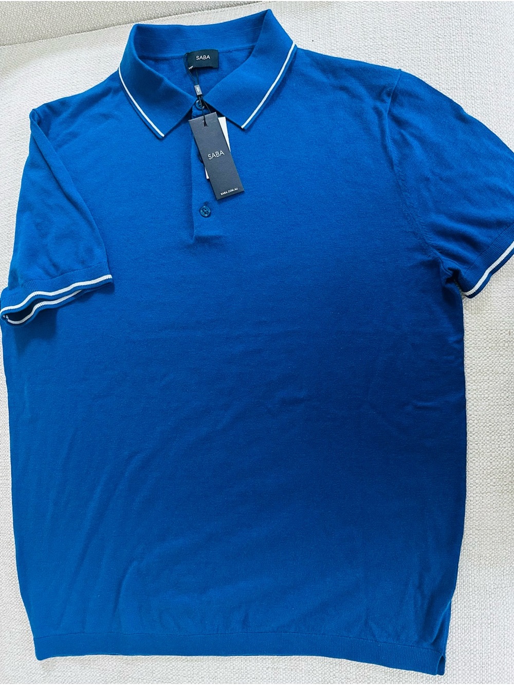 SABA Men’s Deep Blue Short Sleeve Knit Polo Shirt With White Trim Size L